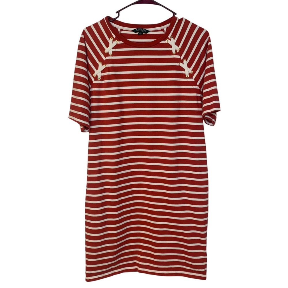 Lauren Ralph Lauren Red White Striped T Shirt Dress L Coastal Nautical